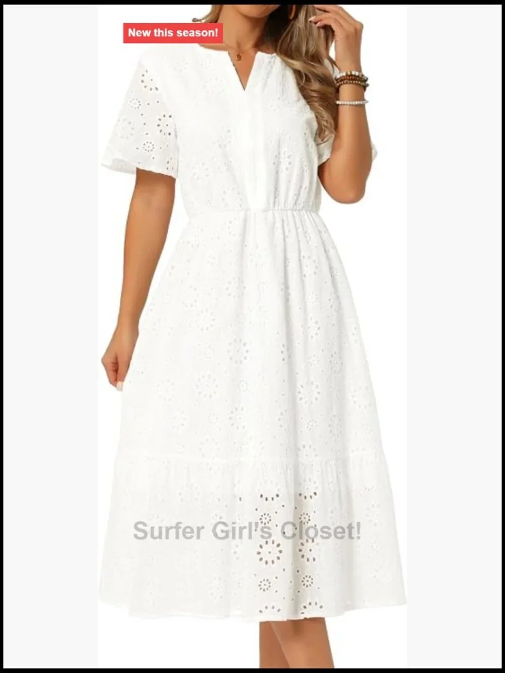 Women's Eyelet Lace Midi Sundress Short Sleeve A-Line Flowy Beach Dress